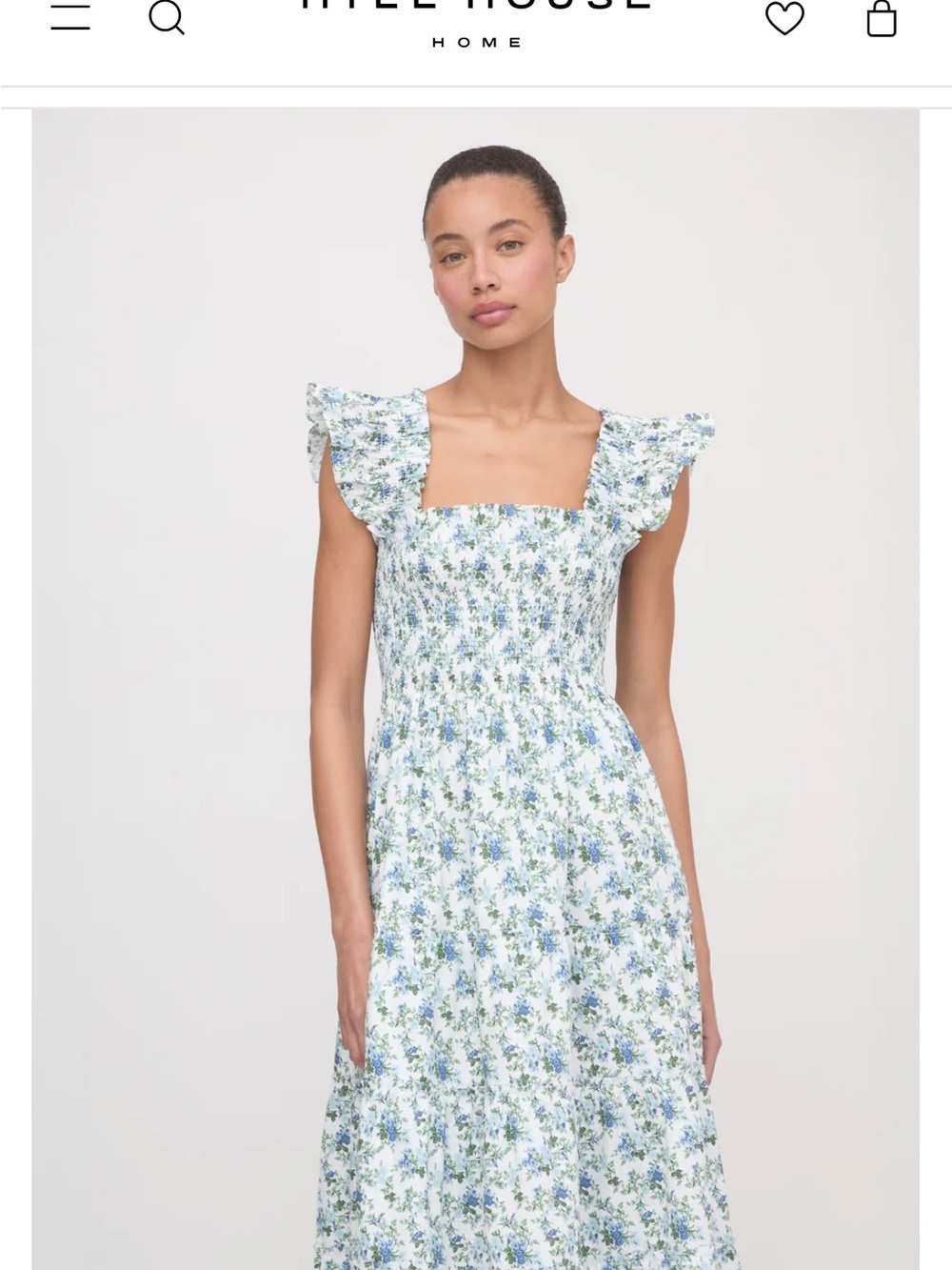 Hill House Blue and White Smocked Midi Dress with Ruffle Shoulders
